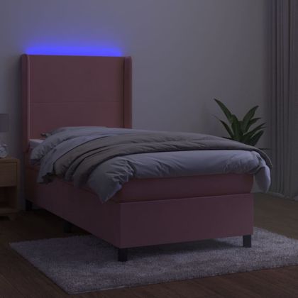 Боксспринг легло с матрак и LED, розово, 100x200 см, кадифе