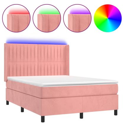 Боксспринг легло с матрак и LED, розово, 140x200 см, кадифе