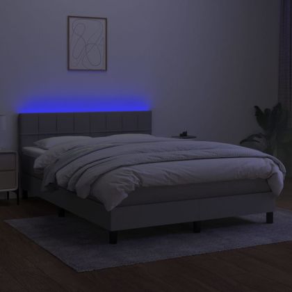 Боксспринг легло с матрак и LED, светлосиво, 140x190 см, плат