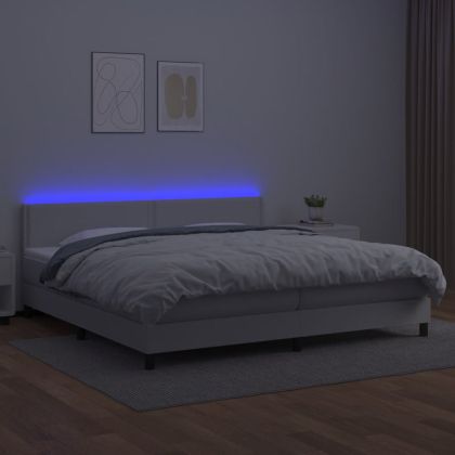 Боксспринг легло с матрак и LED бяло 200x200 см изкуствена кожа