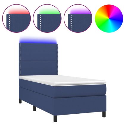Боксспринг легло с матрак и LED, синьо, 100x200 см, плат