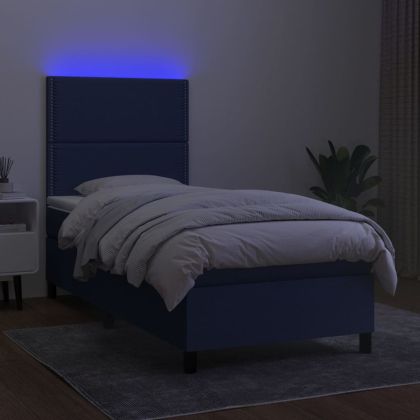 Боксспринг легло с матрак и LED, синьо, 100x200 см, плат