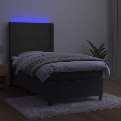 Боксспринг легло с матрак и LED, тъмносиво, 90x190 см, кадифе