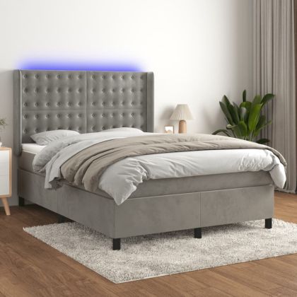 Боксспринг легло с матрак и LED, светлосиво, 140x200 см, кадифе