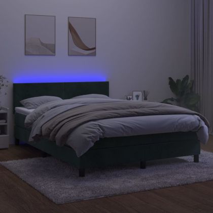 Боксспринг легло с матрак и LED, тъмнозелено, 140x190см, кадифе
