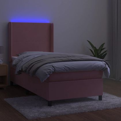 Боксспринг легло с матрак и LED, розово, 90x200 см, кадифе