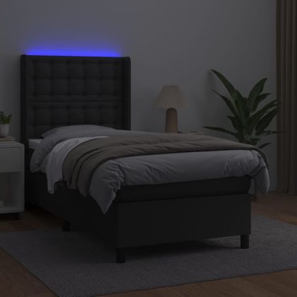 Боксспринг легло с матрак и LED черно 90x190 см изкуствена кожа