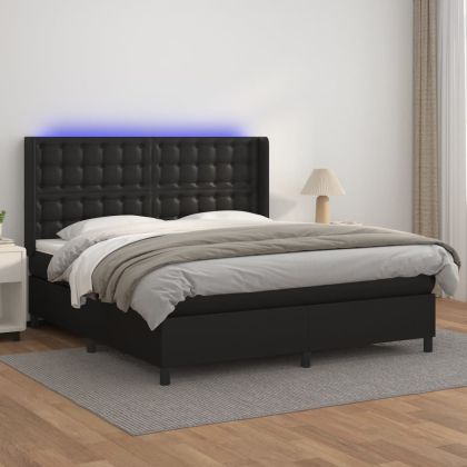 Боксспринг легло с матрак и LED черно 180x200см изкуствена кожа