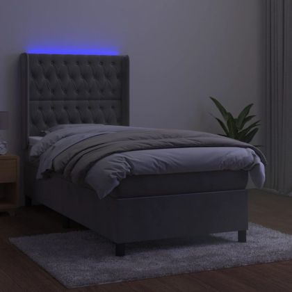 Боксспринг легло с матрак и LED, светлосиво, 90x190 см, кадифе