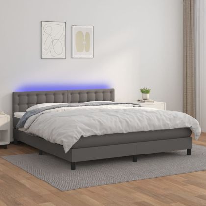 Боксспринг легло с матрак и LED сиво 160x200 см изкуствена кожа