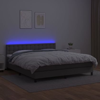 Боксспринг легло с матрак и LED сиво 160x200 см изкуствена кожа