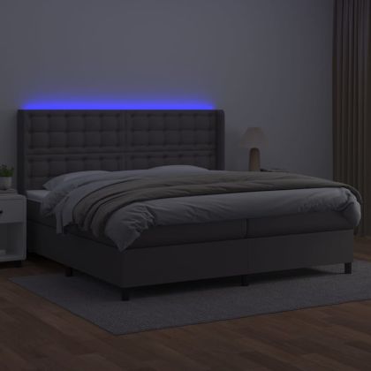 Боксспринг легло с матрак и LED сиво 200x200 см изкуствена кожа