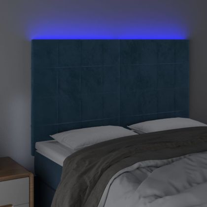 LED горна табла за легло, тъмносиня,144x5x118/128 см, кадифе