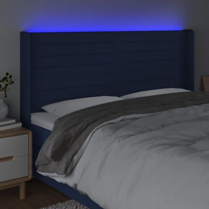 LED горна табла за легло, синя, 203x16x118/128 см, плат