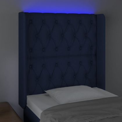 LED горна табла за легло, синя, 83x16x118/128 см, плат