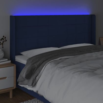 LED горна табла за легло, синя, 203x16x118/128 см, плат