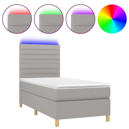 Боксспринг легло с матрак и LED, светлосиво, 90x200 см, плат