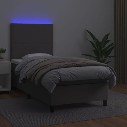Боксспринг легло с матрак и LED сиво 90x200 см изкуствена кожа
