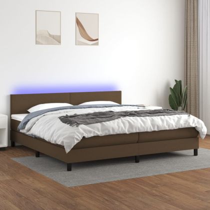 Боксспринг легло с матрак и LED, тъмнокафява, 200x200 см, плат