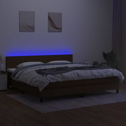 Боксспринг легло с матрак и LED, тъмнокафява, 200x200 см, плат