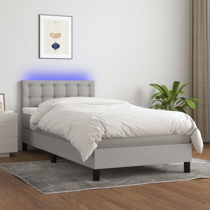 Боксспринг легло с матрак и LED, светлосиво, 90x200 см, плат