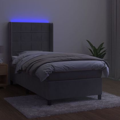 Боксспринг легло с матрак и LED, светлосиво, 90x190 см, кадифе