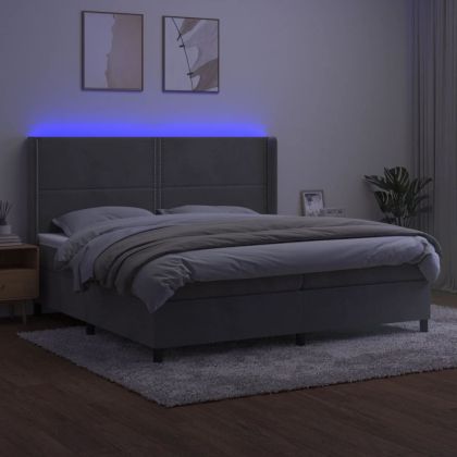 Боксспринг легло с матрак и LED, светлосиво, 200x200 см, кадифе