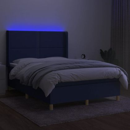 Боксспринг легло с матрак и LED, синьо, 140x200 см, плат