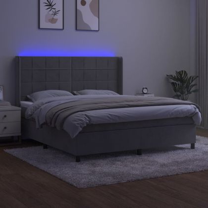 Боксспринг легло с матрак и LED, светлосиво, 180x200 см, кадифе