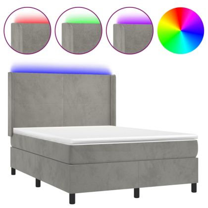 Боксспринг легло с матрак и LED, светлосиво, 140x200 см, кадифе