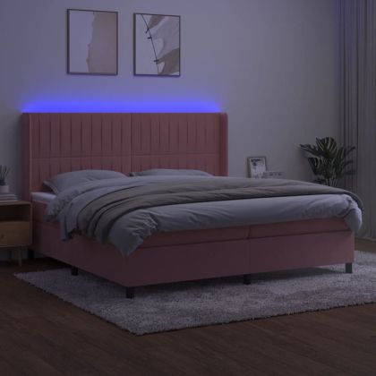 Боксспринг легло с матрак и LED, розово, 200x200 см, кадифе
