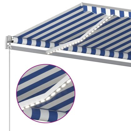 Ръчно прибиращ се сенник с LED, 600x350 см, синьо и бяло