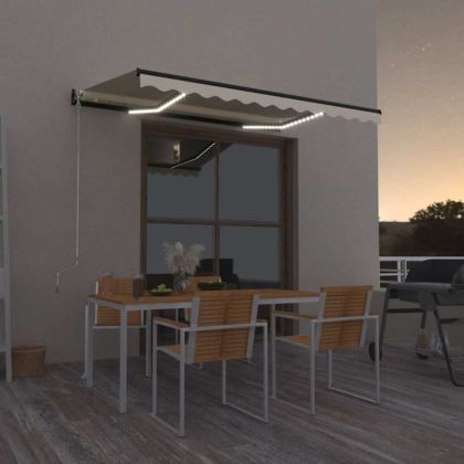 Ръчно прибиращ се сенник с LED, 350x250 см, жълто и бяло