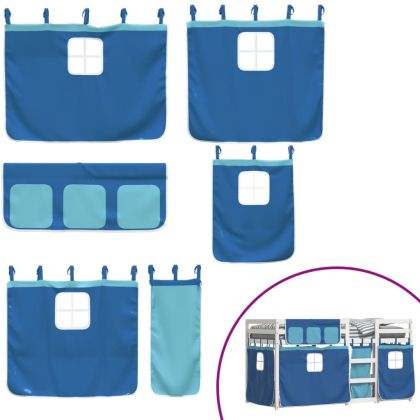 Двуетажно легло със завеси синьо 90x200 см масивно борово дърво