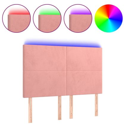 LED горна табла за легло, розова, 144x5x118/128 см, кадифе