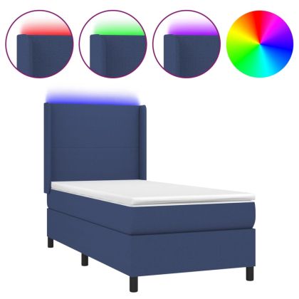 Боксспринг легло с матрак и LED, синьо, 80x200 см, плат