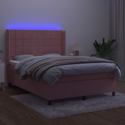 Боксспринг легло с матрак и LED, розово, 140x190 см, кадифе