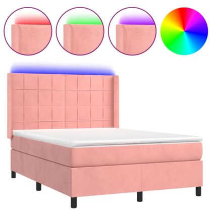 Боксспринг легло с матрак и LED, розово, 140x200 см, кадифе