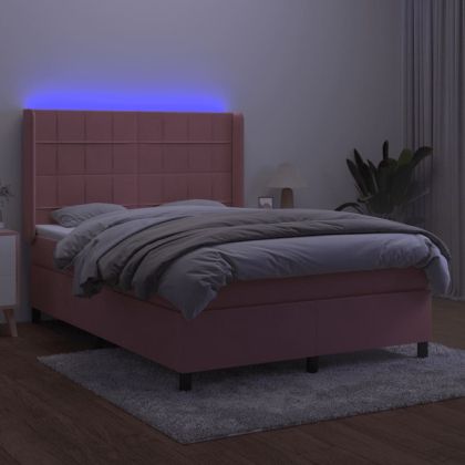 Боксспринг легло с матрак и LED, розово, 140x200 см, кадифе