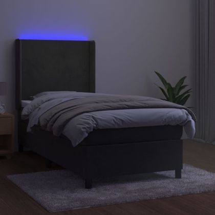 Боксспринг легло с матрак и LED, тъмносиво, 90x190 см, кадифе