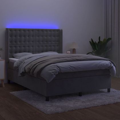 Боксспринг легло с матрак и LED, светлосиво, 140x190 см, кадифе