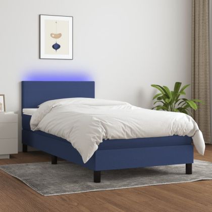 Боксспринг легло с матрак и LED, синьо, 80x200 см, плат