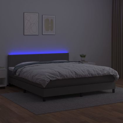 Боксспринг легло с матрак и LED сиво 180x200 см изкуствена кожа