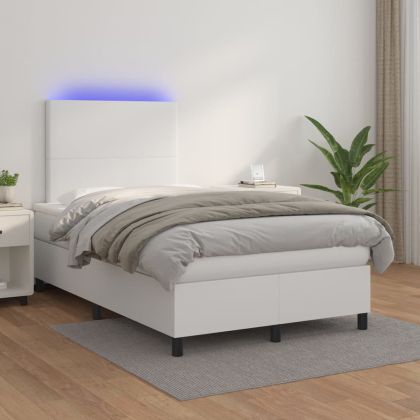 Боксспринг легло с матрак и LED бяло 120x200 см изкуствена кожа