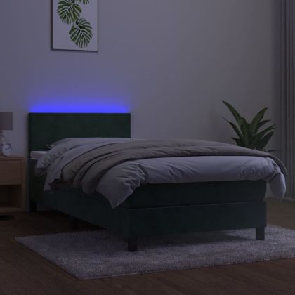 Боксспринг легло с матрак и LED, тъмнозелено, 90x190 см, кадифе
