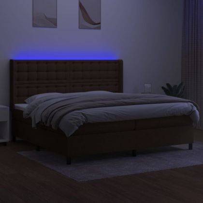 Боксспринг легло с матрак и LED, тъмнокафява, 200x200 см, плат