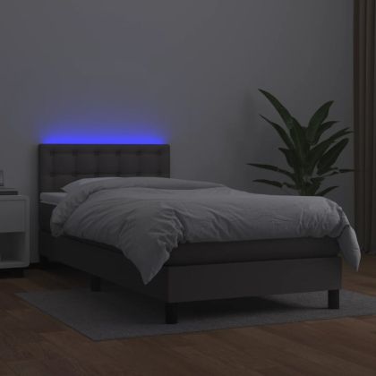 Боксспринг легло с матрак и LED сиво 90x200 см изкуствена кожа