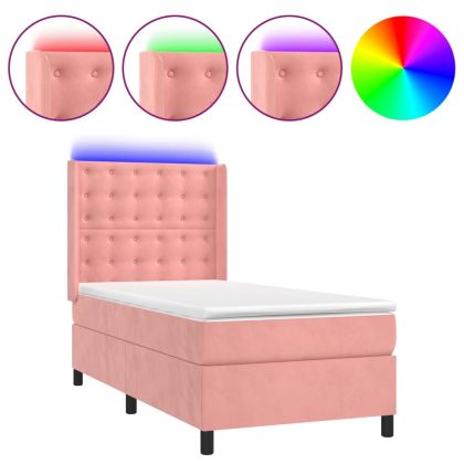 Боксспринг легло с матрак и LED, розово, 100x200 см, кадифе
