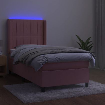 Боксспринг легло с матрак и LED, розово, 90x190 см, кадифе