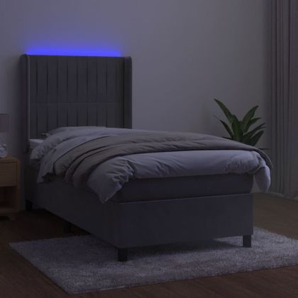 Боксспринг легло с матрак и LED, светлосиво, 90x190 см, кадифе